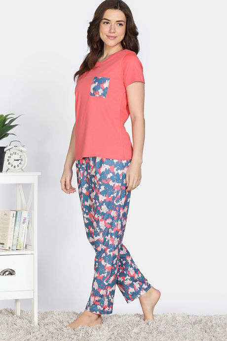 Zivame Dream Daze Knit Poly Pyjama Sets - Deep Sea Coral — image 2